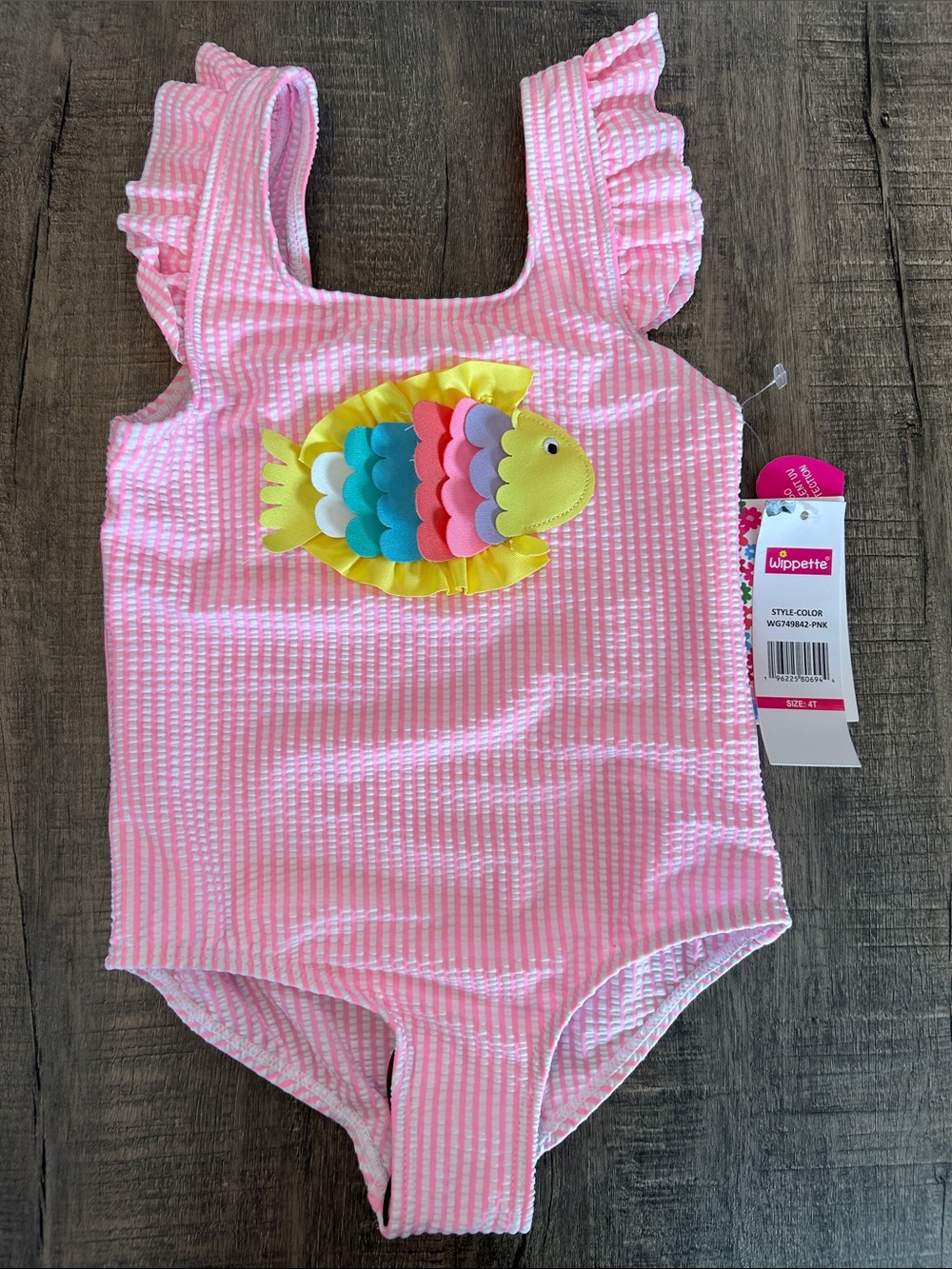 Wippette Pink Striped One-Piece Swimsuit with Colorful Fish